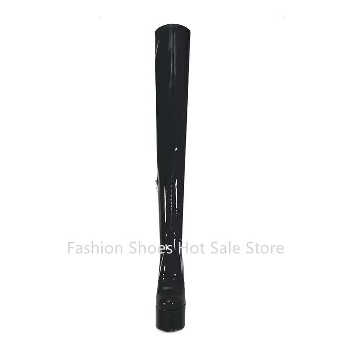 Bottines à plateforme en cuir verni pour femmes, talon très haut de 16 cm, bottes sexy pour la pole dance, bout rond, talon épais, bottes au-dessus du genou, 35-45