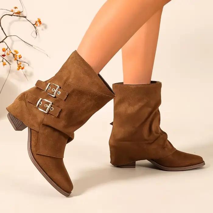 Bottes rétro en daim pour femmes, bottes décontractées à la mode avec boucle de ceinture, bottines à plateforme de créateur, style européen et américain, bottes courtes pour femmes