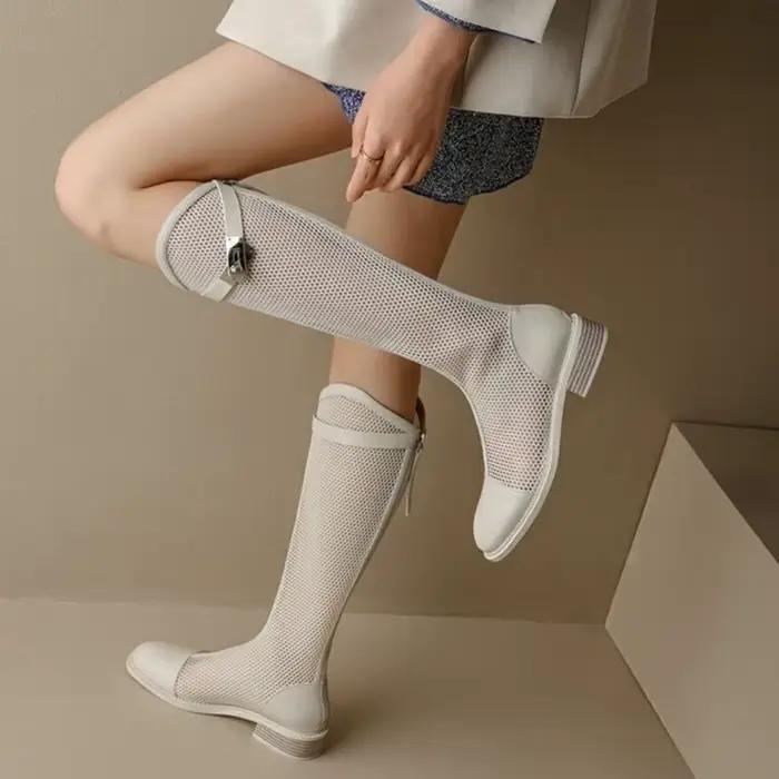 2025New femmes bottes été maille respirant évider botte longue mode genou-bottes