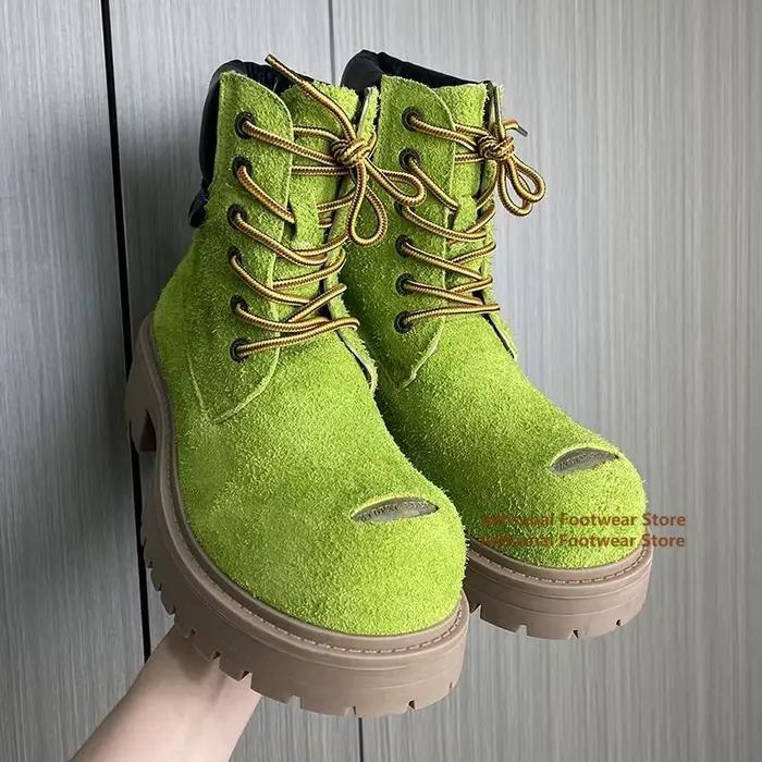 Bottes en daim à gros bout rond pour hommes, bottes montantes à lacets, style britannique, faites à la main, pour printemps automne, élégantes et durables