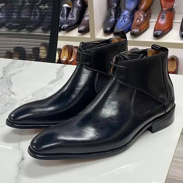 Bottines en cuir de Style de rue pour hommes, bottines Chelsea carrées en cuir véritable uni, faites à la main, à lacets en noir/marron pour tenue décontractée