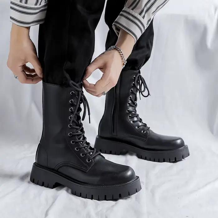 Style britannique hommes décontracté haute moto bottes automne hiver chaussures cowboy en cuir véritable botte cool longue plate-forme chevalier botas