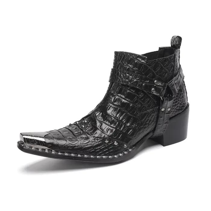 Botas Designer noir bout pointu hommes bottines en cuir véritable grande taille hommes chaussures de fête Rivets Zip Cowboy moto bottes courtes