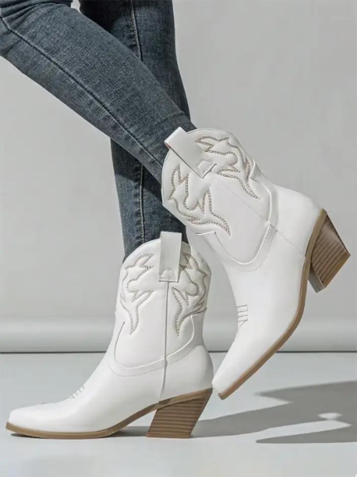 Aneikeh automne hiver Vintage brodé grandes bottes de Cowboy occidentales nouveau Style talon grossier pointu cheville baril chevalier bottes