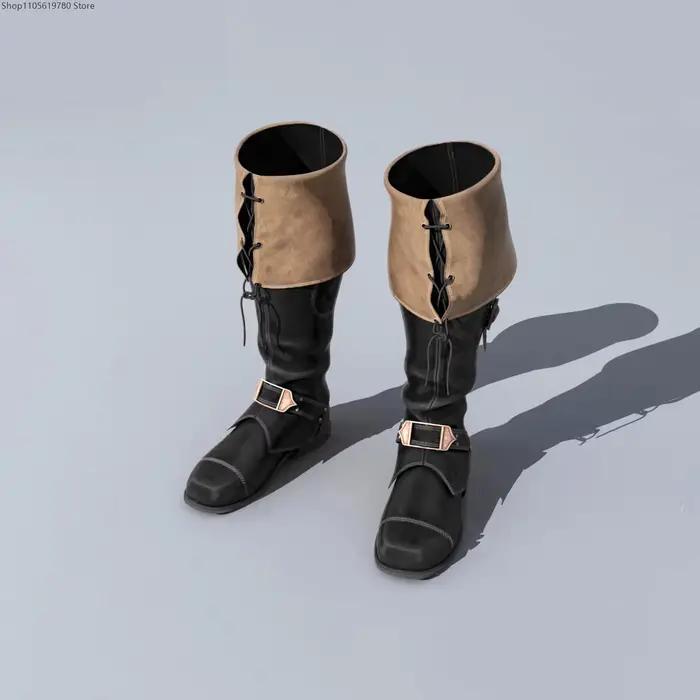 Bottes plates pour hommes, style rétro, à bout carré, avec boucle de ceinture, à lacets, à tige longue, à talon bas, pour cosplay, jeux de rôle, fête, costume