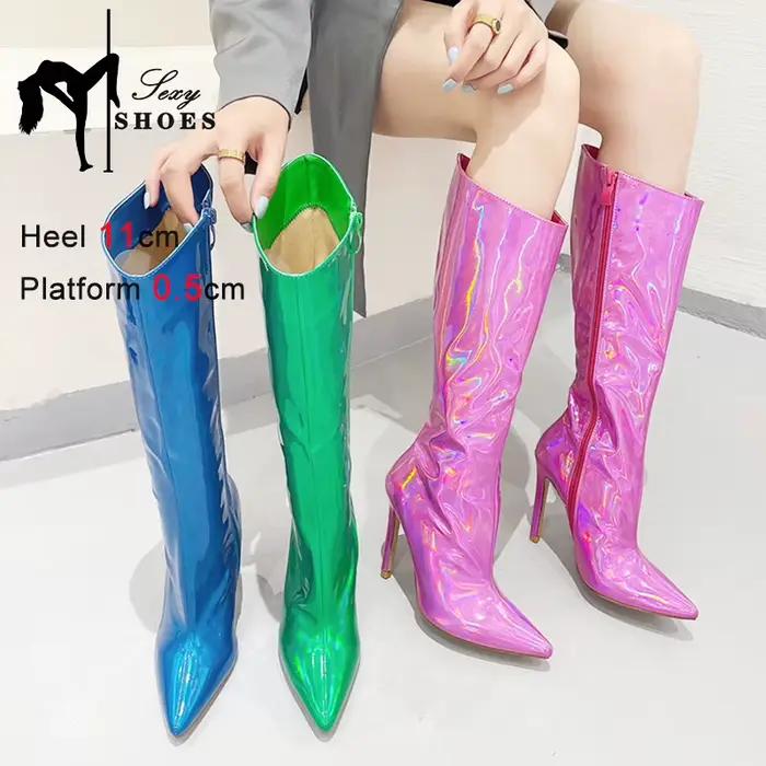 Bottes mi-mollet pour femmes, fermeture éclair latérale, document proxy, talons hauts fins, chaussures pour dames, violet, laser, brillant, PU, pointu, Parker, bottes courtes