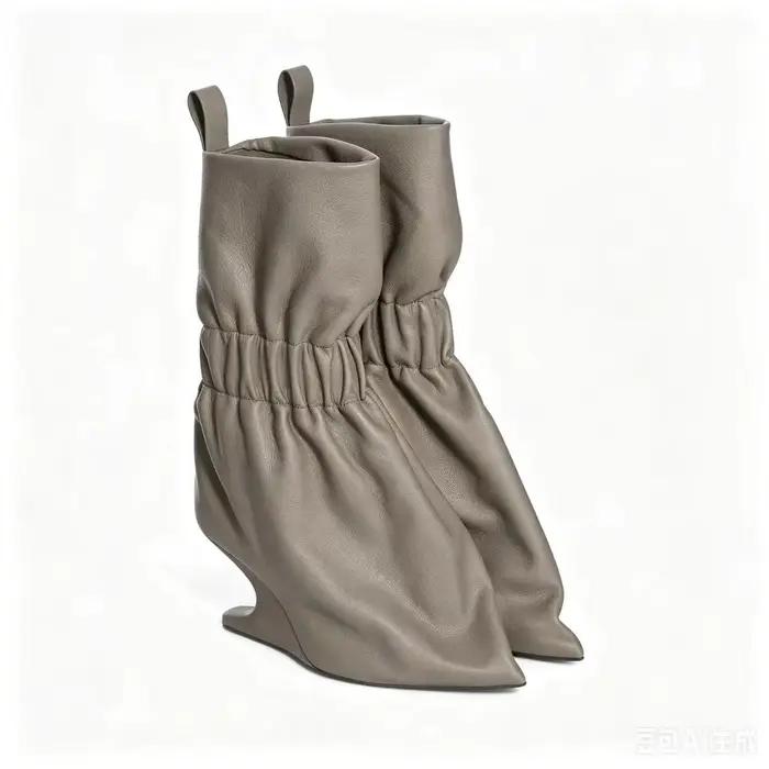 Nouvelles bottes courtes pour femme en cuir souple gris froncé, à talon compensé pointu et courbé, style avant-gardiste, pour la mode urbaine et les défilés, collection automne/hiver