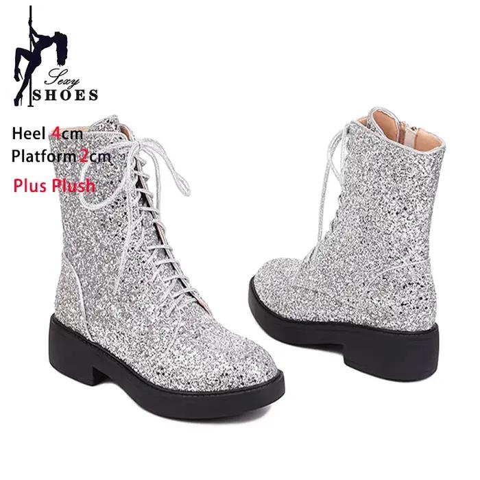 Nouvelles bottines décontractées 2024 à fermeture éclair latérale, chaussures de danse à paillettes brillantes pour femmes, talon bas de 4 cm, bout rond, bottes printemps-automne, grandes tailles 43