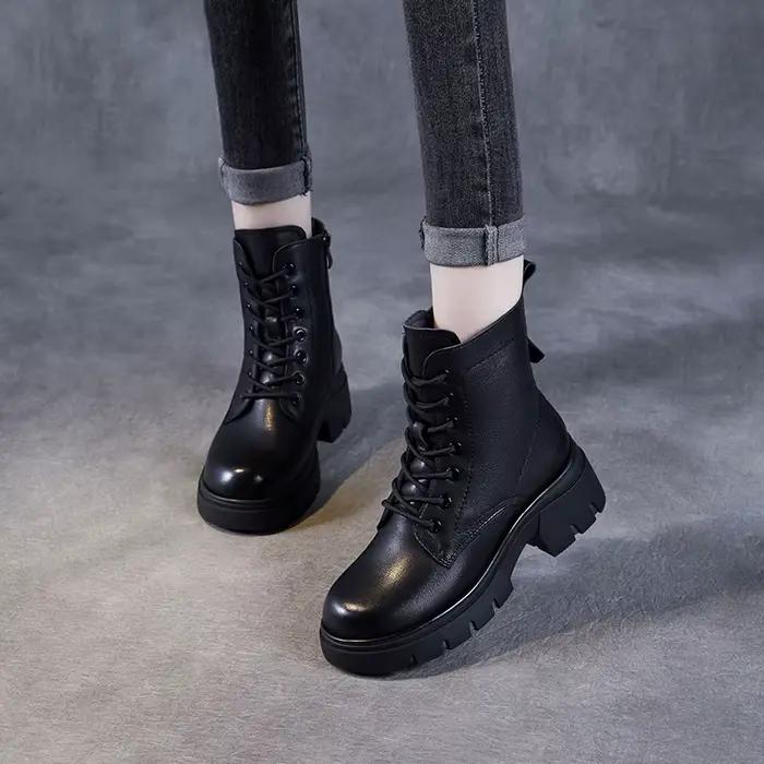 DRKANadvocate-Bottes mi-mollet en laine pour femme, cuir de vache véritable, plate-forme épaisse, talon optique, tendance fourrure, noir, haute qualité, chaud, hiver