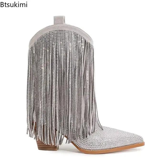 Bottes à bout pointu ornées de strass et de franges pour femmes, talons épais, bottes mi-mollet pour femmes, chaussures de défilé de mode, occasions spéciales