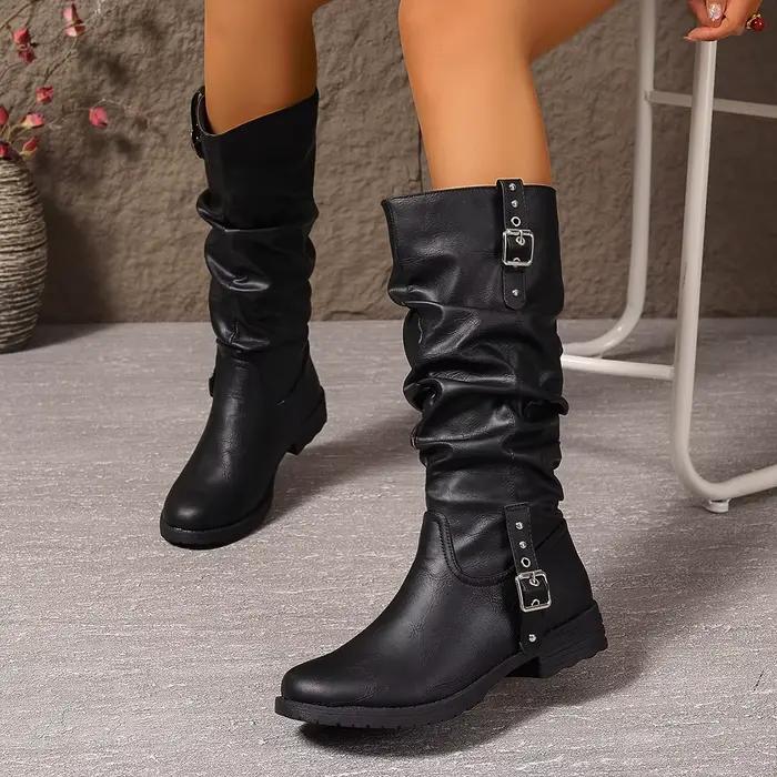 Bottes mi-mollet vintage pour femme, noires, bout rond, talon bas, tige plissée, semelle plate antidérapante, style décontracté automne-hiver, bottes de motard western, tendance