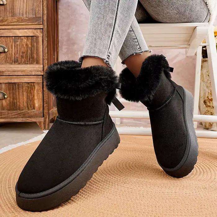 Bottes d'hiver en polaire épaisse, bottes de neige à enfiler, fond épais, nœud papillon, chaudes, grande taille, fourrure, chaussures en coton, semelle extérieure en caoutchouc