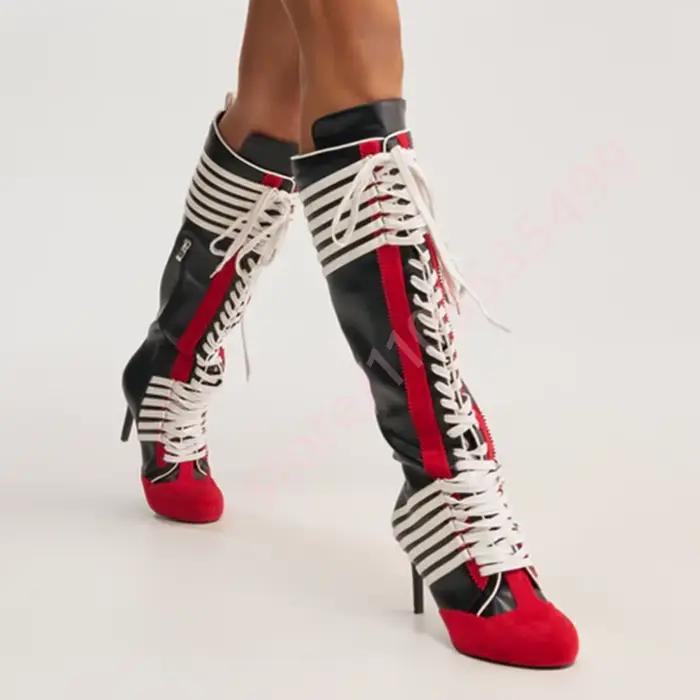 Nouvelles Bottes Hautes Rayées Bicolores Noir et Rouge 2026 pour Femme, à Lacets Intégraux, Talon Aiguille Fin, Style Streetwear Tendance