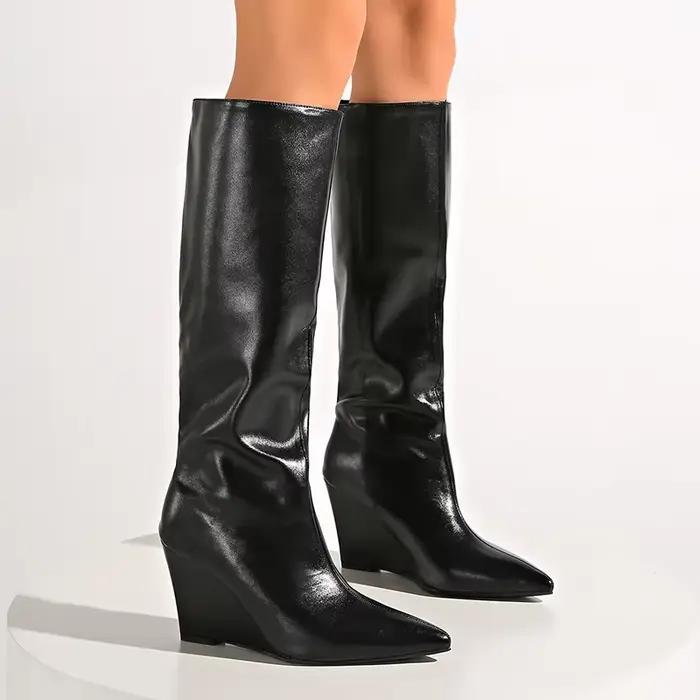 Mode talons hauts compensés bottes longues femmes grande taille en cuir Pu genou haute Botas Mujer Sexy Punk noir bout