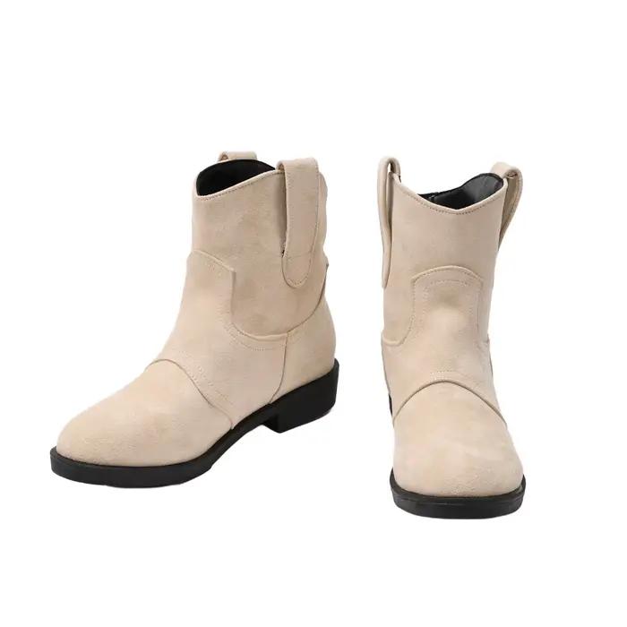 Bottes occidentales en daim givré pour femmes, bottes à bout rond, talon bas, robe confortable, bottines amples, bottes de Cowgirl à la mode, nouvelle collection 2025
