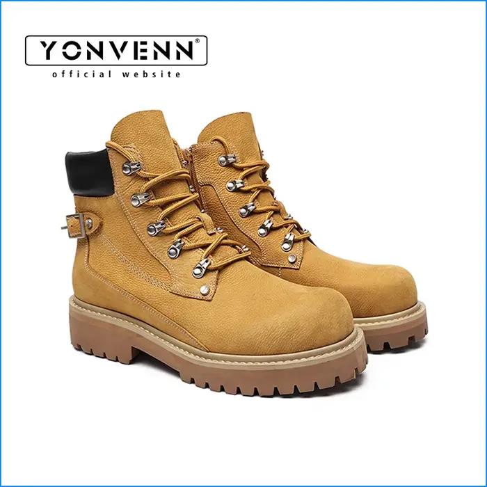 Nouveau couche supérieure en cuir de vachette bottes courtes hommes à semelles épaisses haut vêtements de travail chaussures de randonnée grandes bottes jaunes à la mode