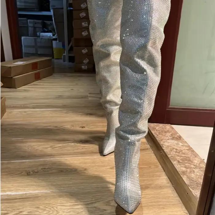Bottes cuissardes argentées entièrement ornées de diamants, brillantes, au-dessus du genou, sexy, à bout pointu, talon fin 12cm/9cm, modèle tendance, nouvelle collection automne, tailles 34-43