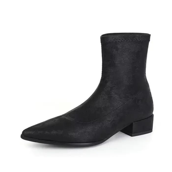 2025 nouvelles bottes chaussettes argentées à bout pointu pour femmes bottines à talons épais chaussures à enfiler