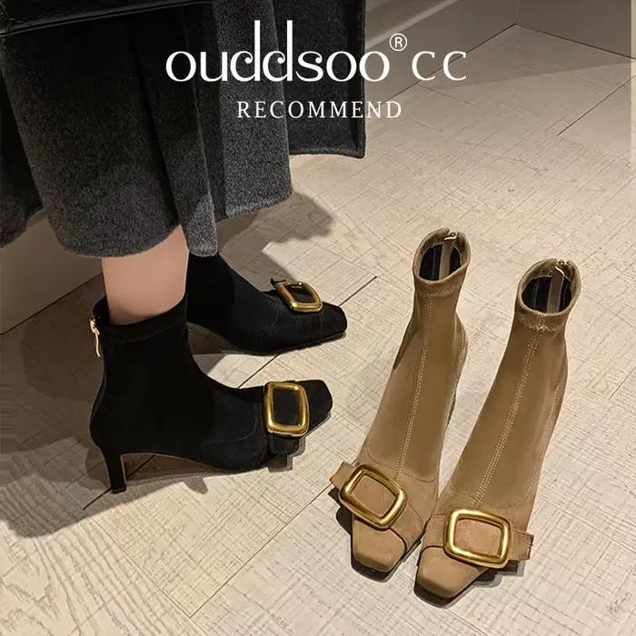 Ods-Bottes à talons bas personnalisées pour l'automne et l'hiver, bout pointu en métal, fermeture à glissière carrée, bottes de rinçage minces commandées, nouveau, 42
