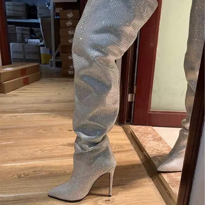 Bottes cuissardes argentées entièrement ornées de diamants, brillantes, au-dessus du genou, sexy, à bout pointu, talon fin 12cm/9cm, modèle tendance, nouvelle collection automne, tailles 34-43