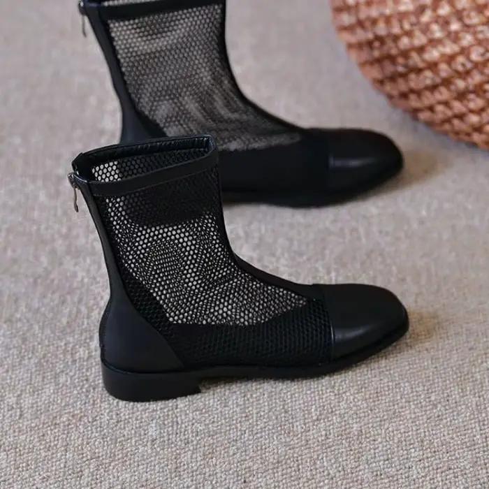 Bottines d'été respirantes en maille pour femmes - Bout carré, talon carré, fermeture éclair arrière, sandales polyvalentes pour le quotidien