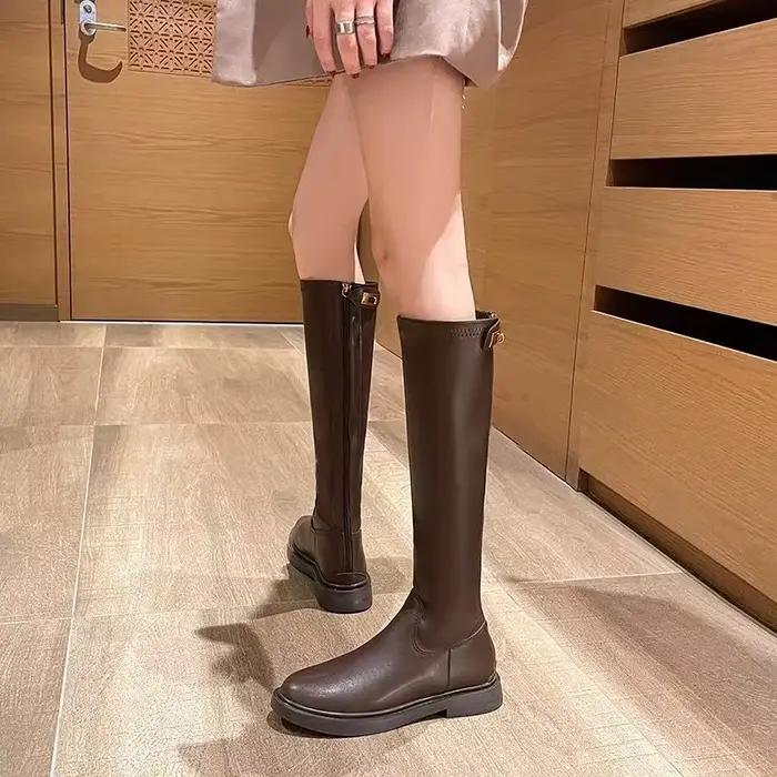 Chaussures pour femmes en cuir plate-forme chaussures bout rond dames bottes marron mode 2025 nouveau dans Demi-saison imperméable travail Pu Rock