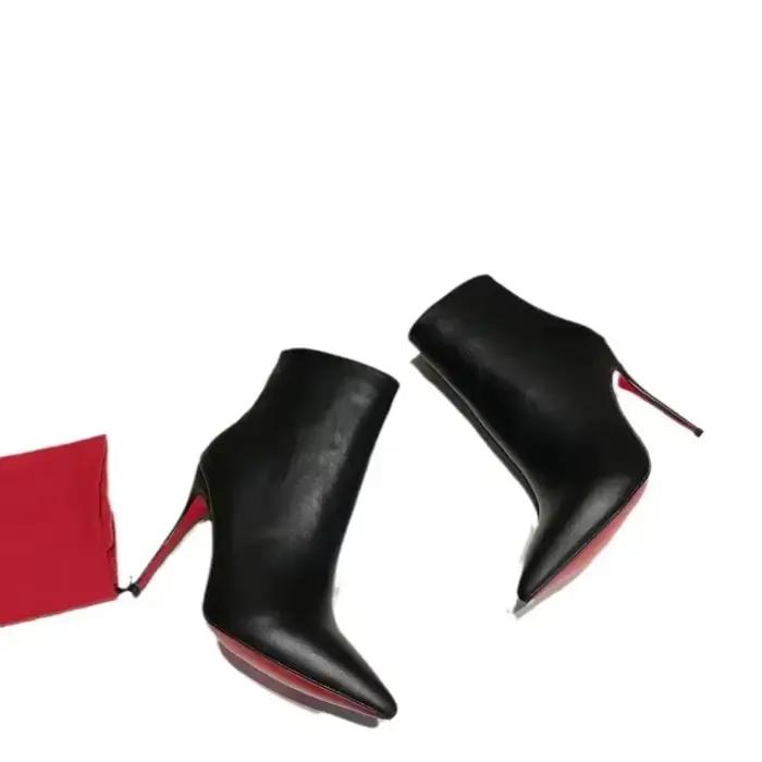 Nouvelles bottes à fermeture éclair latérale pour femme, talons aiguilles de 10 cm, cuir noir, semelle rouge, bout pointu, bottines courtes pour femme.