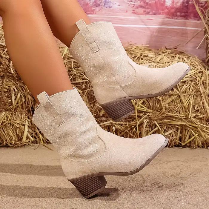 Rose Rose suédette broderie botte occidentale femme bout pointu talon épais chaussons courts Cowgirl dame automne Slip-on mi-mollet Botas
