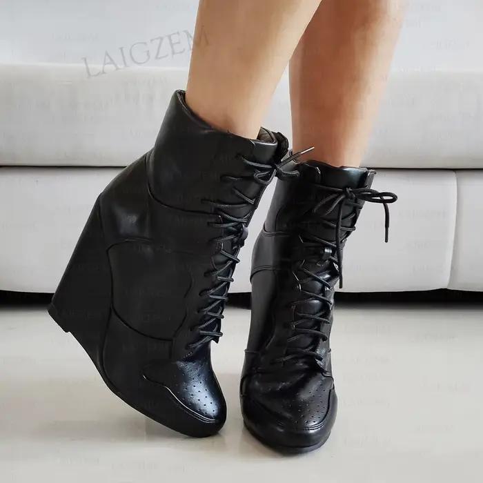 LAIGZEM femmes bottines compensées à lacets bout rond Faux cuir chaussons courts à la main dames chaussures femme grande taille 41 46 48 52