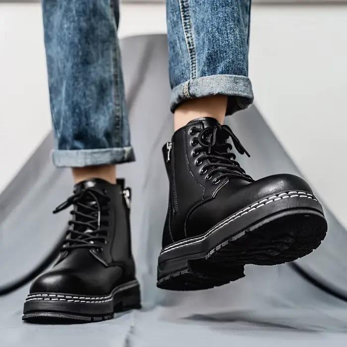 Bottes de travail noires à tige haute de style britannique, bottes à plateforme rehaussantes pour l'extérieur et les trajets quotidiens