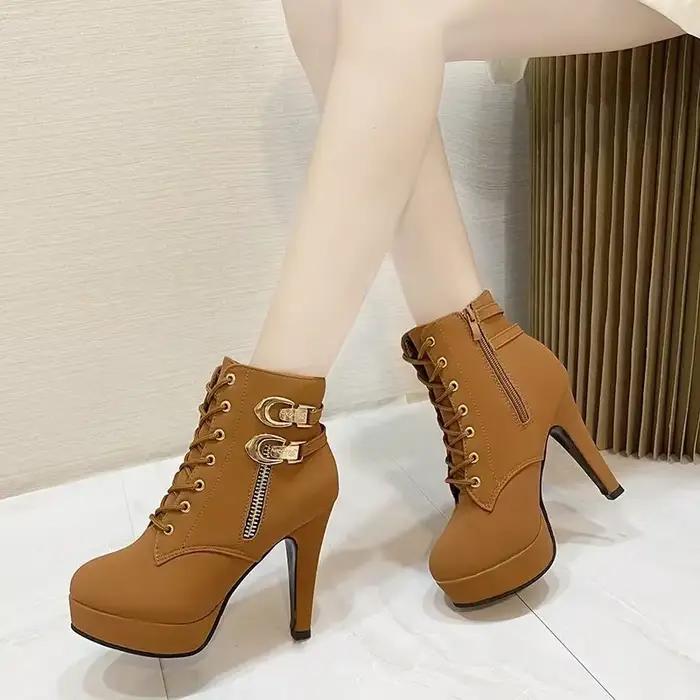 Bottes de rinçage à talons aiguilles pour femmes, bottes sexy à lacets, talon stiletto, fermeture à glissière latérale, plateforme féminine, bottines courtes, cuir synthétique, mode automne, hiver 2025
