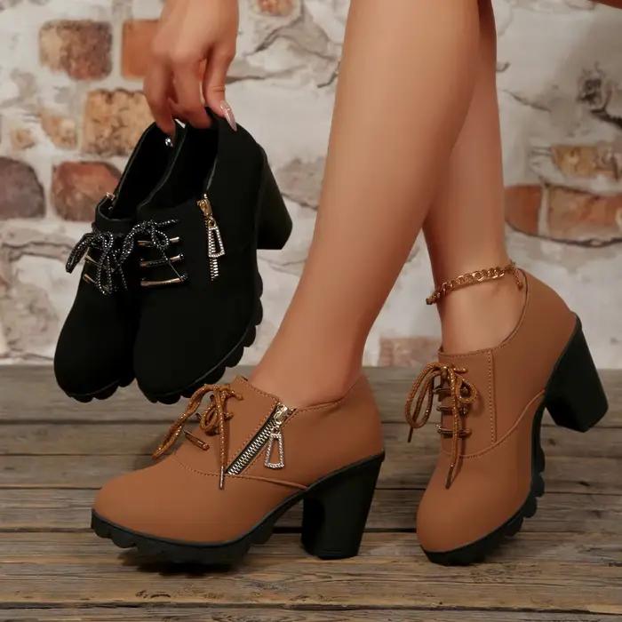 Bottes décontractées à talon aiguille grande taille pour femme, à fermeture éclair latérale, bout rond, chaussures basses pour le travail