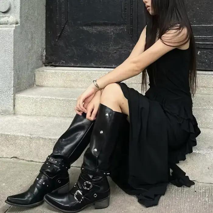 Chunky Knight Chaussures de moto en cuir pour femme, Plateforme haute, Talon bas, Noir, Punk, Gothique, Rock, Mode, Nouveau