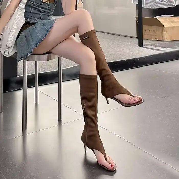 2025 noir bout ouvert bottes au genou à clipser chaussons modernes pour femmes mince talon bas fermeture éclair latérale printemps été fête talons sandales