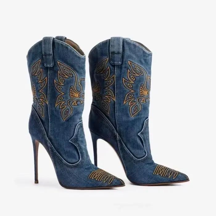Bottes à talons aiguilles de cowboy occidental pour femmes – Bout pointu brodé