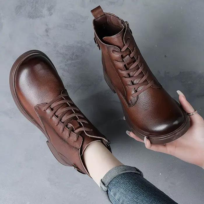 DRKANOL 2026 Style britannique en cuir véritable bottines pour femmes hiver à la main rétro en peluche chaud talon épais décontracté bottes courtes