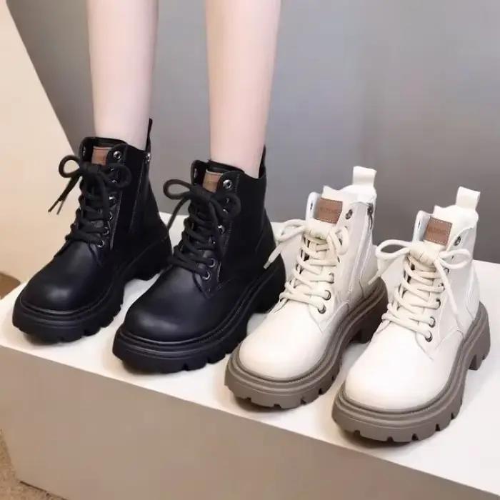 Bottines en cuir souple pour femmes antidérapantes à lacets et semelles épaisses pour hiver confortable et stylé occasions spéciales
