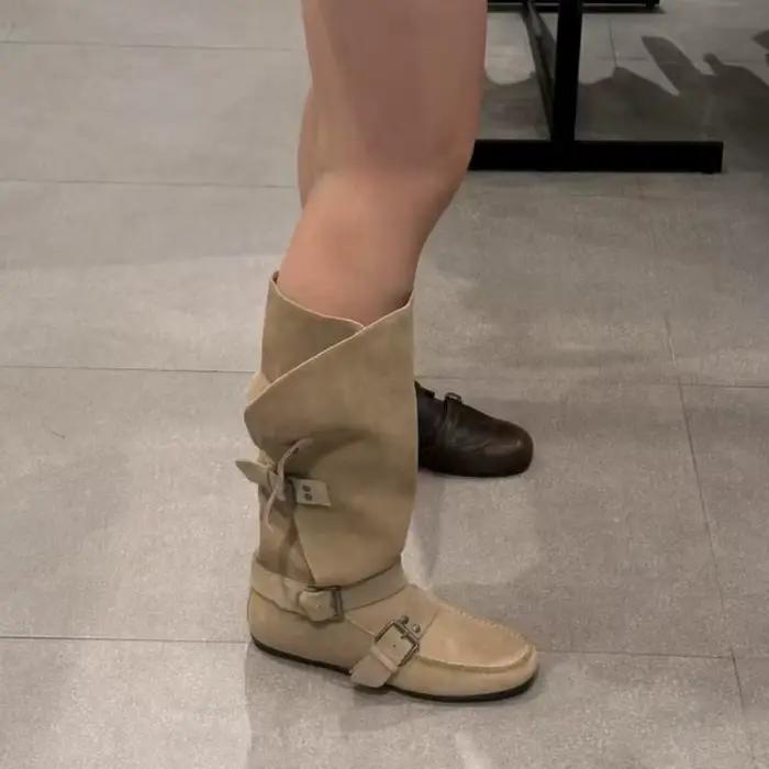Nouvelles bottes hautes en daim mat pour femmes avec boucle de ceinture, talon dissimulé, style western, bottes de cavalier