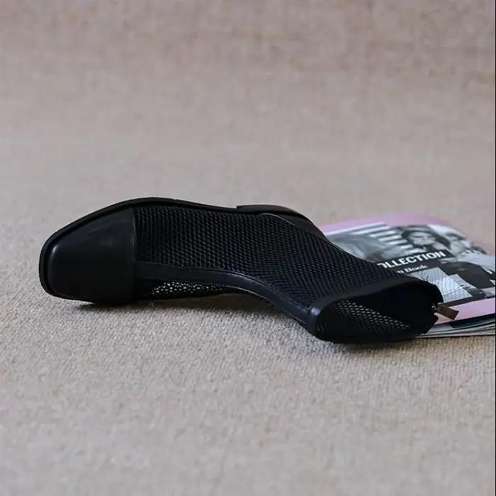 Bottines d'été respirantes en maille pour femmes - Bout carré, talon carré, fermeture éclair arrière, sandales polyvalentes pour le quotidien