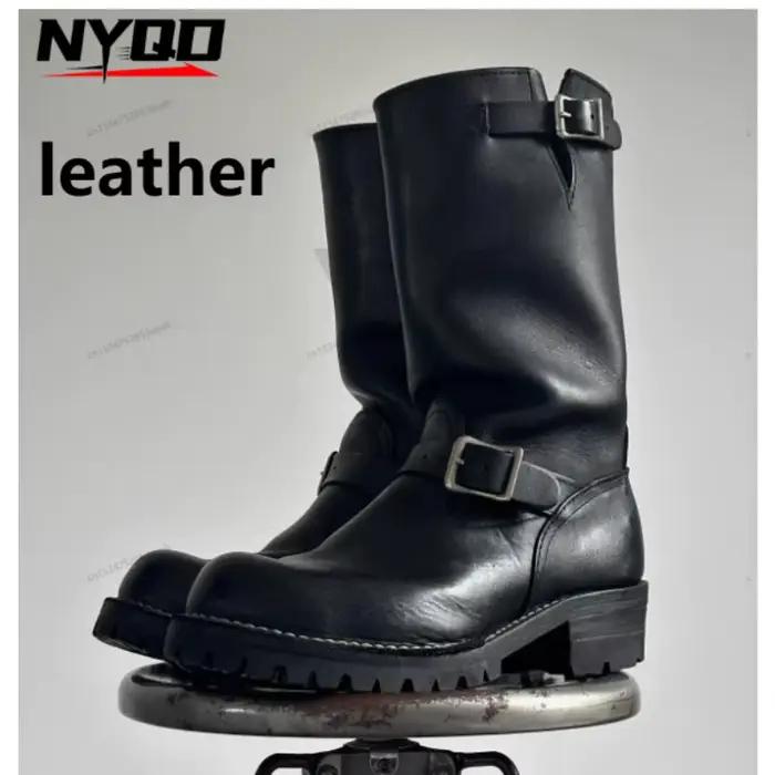 Bottes de moto rétro pour hommes, chaussures de chevalier noires, boucles de ceinture en cuir noir, bottes Chelsea tendance de luxe faites à la main