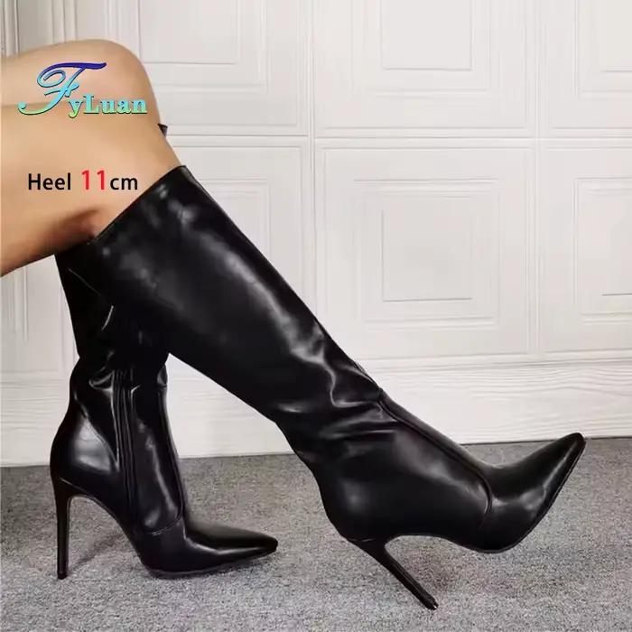 Bottes noires à hauteur de genou pour femmes, talons aiguilles pointus, chaussures d'hiver classiques avec fermeture éclair latérale, boîte de nuit, fête, 11CM