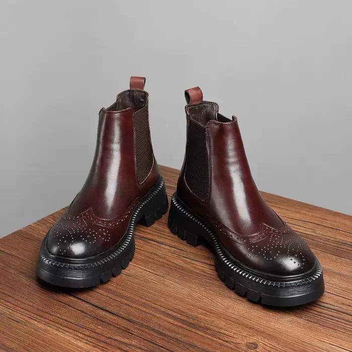 Bottes hautes pour hommes, mocassins à fond épais, motif sculpté, en cuir véritable, Style européen