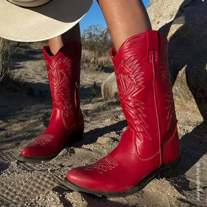 Bottes occidentales brodées automne hiver bottes de cow-girl rouge taille 34-43 chaussures pour dames