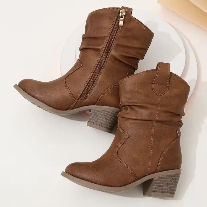 Bottes en cuir plissées avec fermeture éclair latérale pour enfants, bottes mi-mollet, talons bas, marron, élégant, simple, mode chic, enfants, adolescents, filles