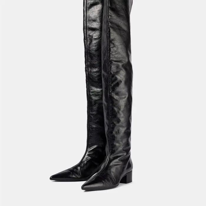 Bottes de luxe en cuir noir au dessus du genou pour femmes, bout pointu, talon bloc, élégant, matériau doux et brillant, décontracté, fête quotidienne