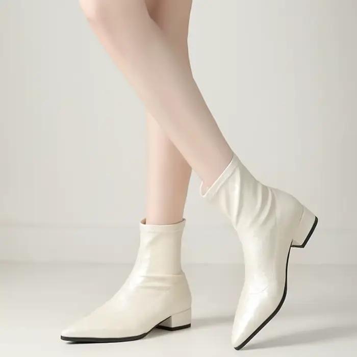 2025 nouvelles bottes chaussettes argentées à bout pointu pour femmes bottines à talons épais chaussures à enfiler