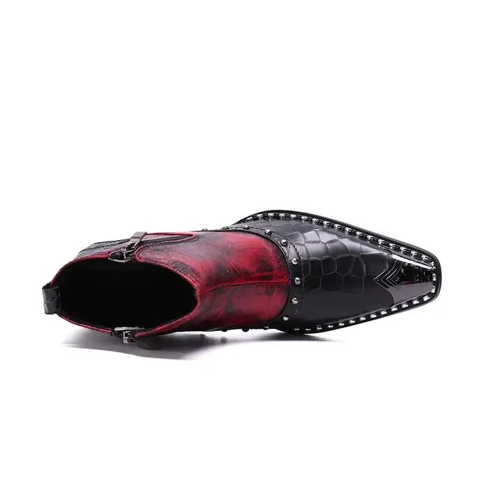 Bottines de Cowboy en cuir de Crocodile véritable pour hommes, bottes courtes de moto à Rivets, pour augmenter la hauteur, robe de soirée, Sapatos Social
