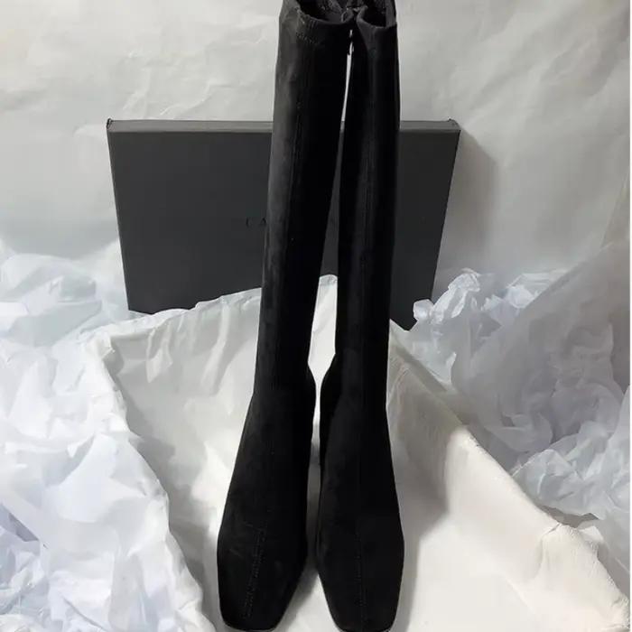 Bottes HKQD Femme Bout Carré Talon Carré Flanelle Automne Printemps Mi-Mollet Élégantes Occasions Spéciales