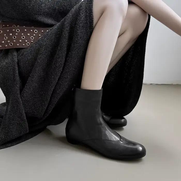 Nouvelles Bottines Femme 2026 en Cuir Véritable Style Urbain Automne, Patchwork Respirant, Coupe Basse avec Fermeture Éclair