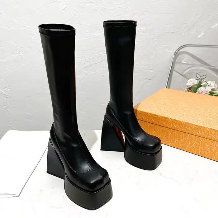 Bottes haute talon punk pour femmes bout carré talon carré mode hiver occassions spéciales